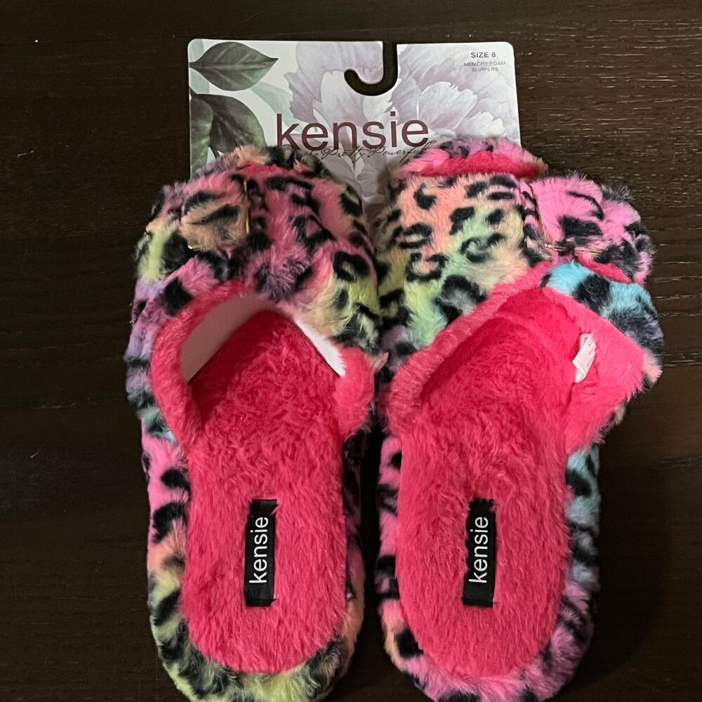 Kensie Animal Print Memory Foam Slippers Pink Rainbow Women's size 8